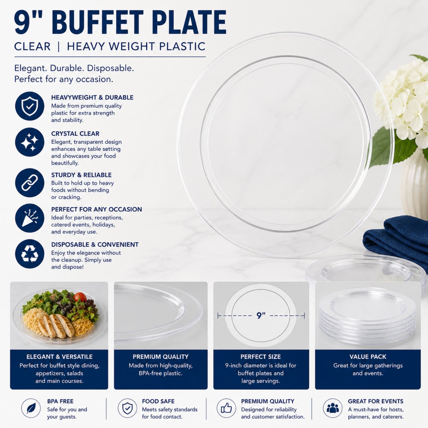 *JUMBO PACK* 9" Buffet Plate Clear Heavy Weight Plastic Disposable Plates Hanna K Signature