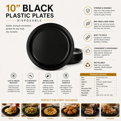 *BUY BULK* 10" Black Plates Disposable Plastic Disposable Plates Hanna K Signature