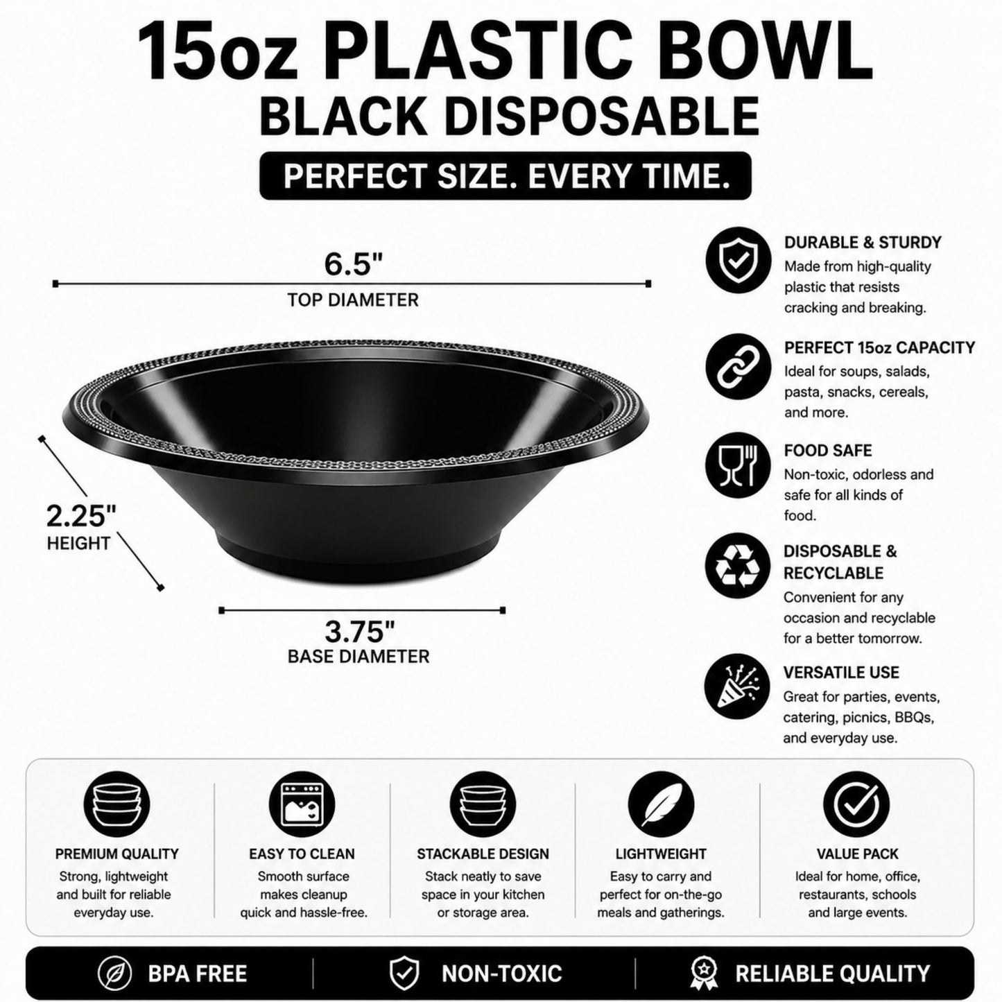 15oz Plastic Bowl Black ( 6-Pack) Bowls Hanna K Signature