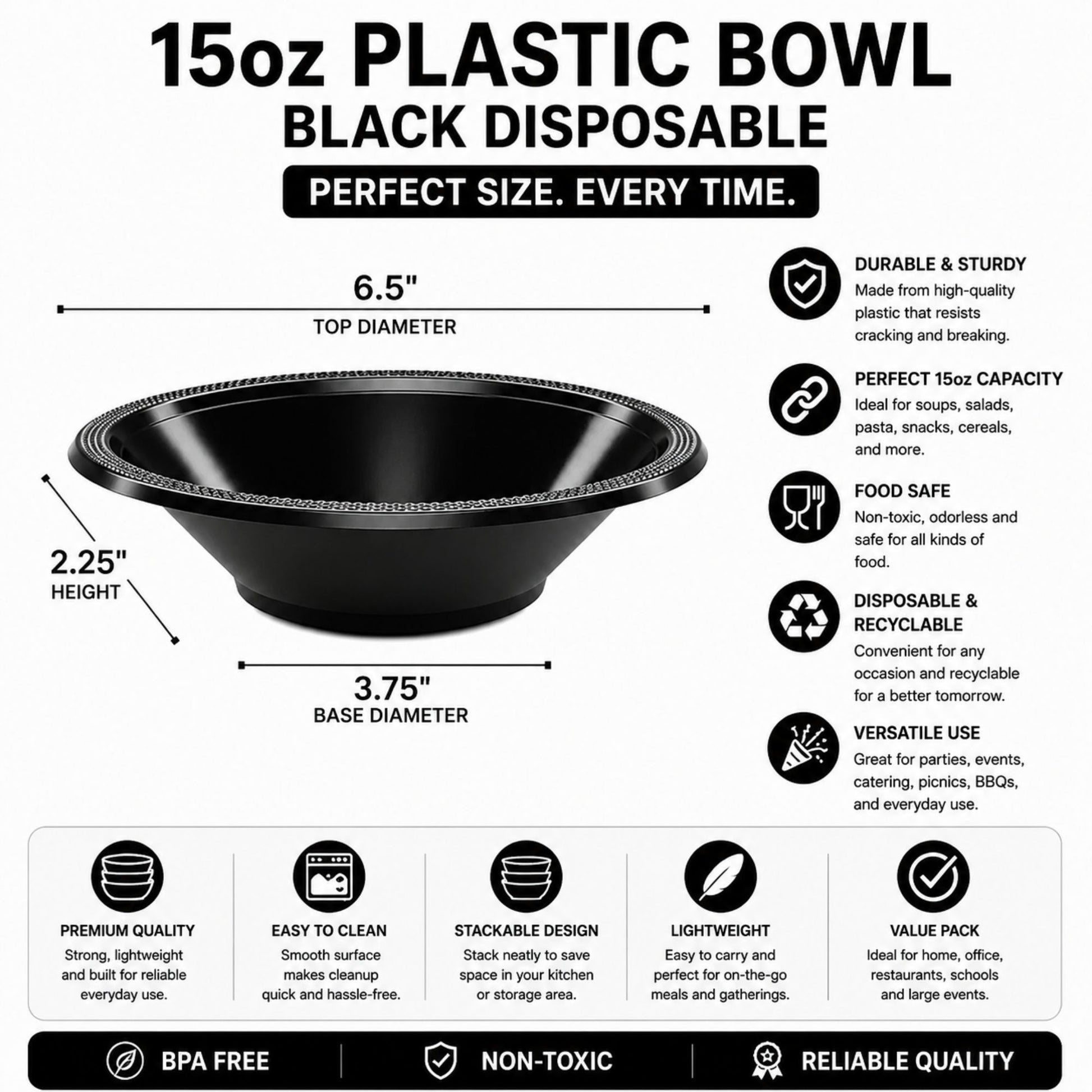 15oz Plastic Bowl Black ( 6-Pack) Bowls Hanna K Signature