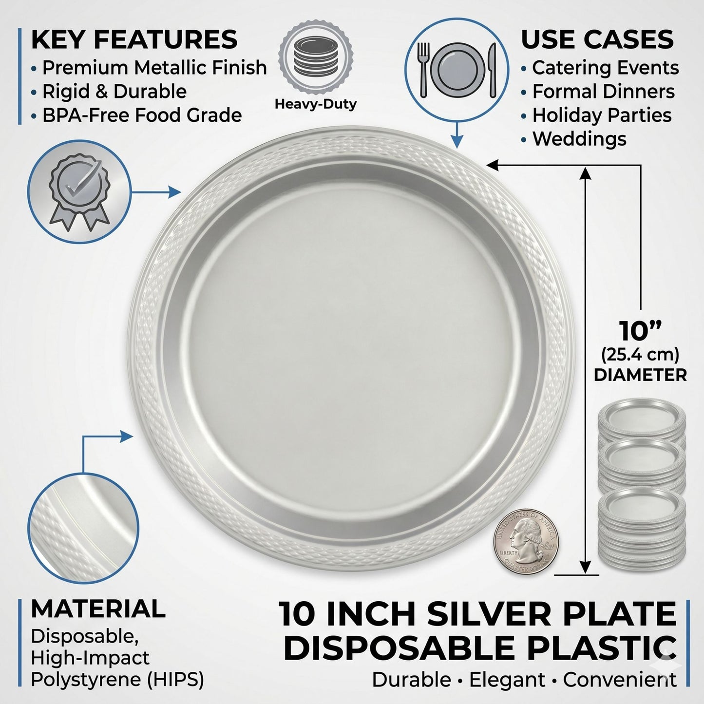 *BUY BULK* 10" Silver Plate Disposable Plastic Disposable Plates Hanna K