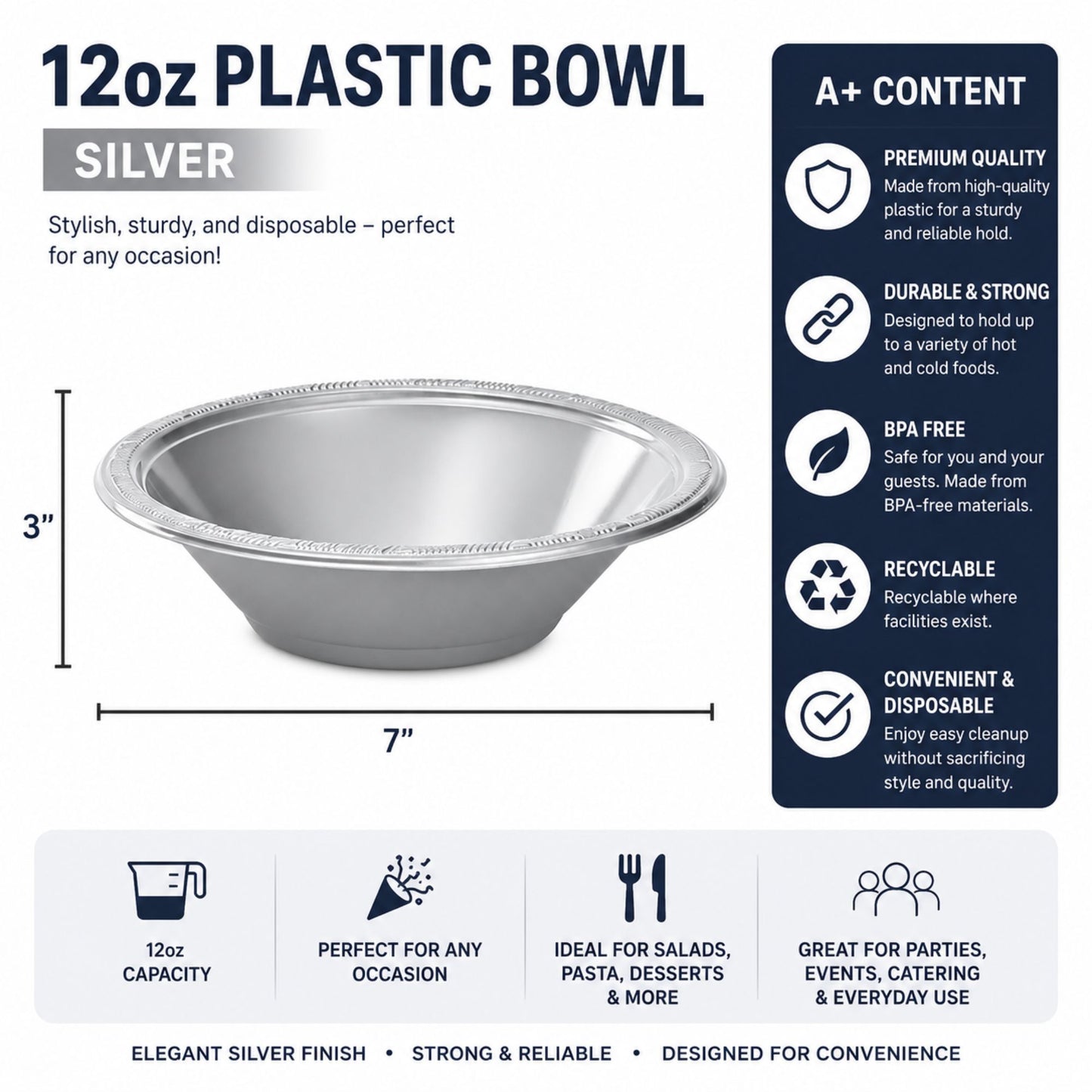 12oz Silver Plastic Bowl Disposable Party Serving Bowls Bowls Hanna K