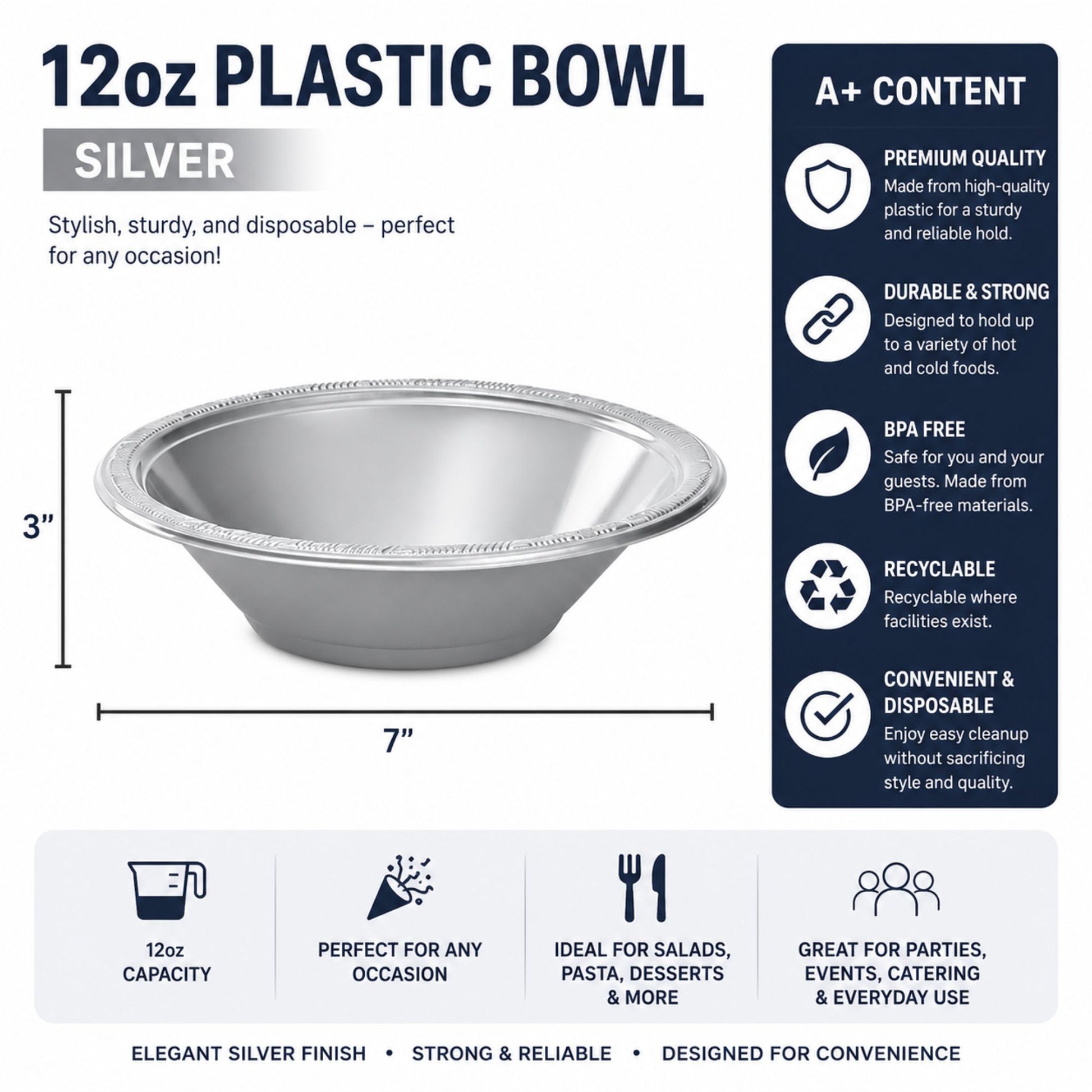 12oz Silver Plastic Bowl Disposable Party Serving Bowls Bowls Hanna K