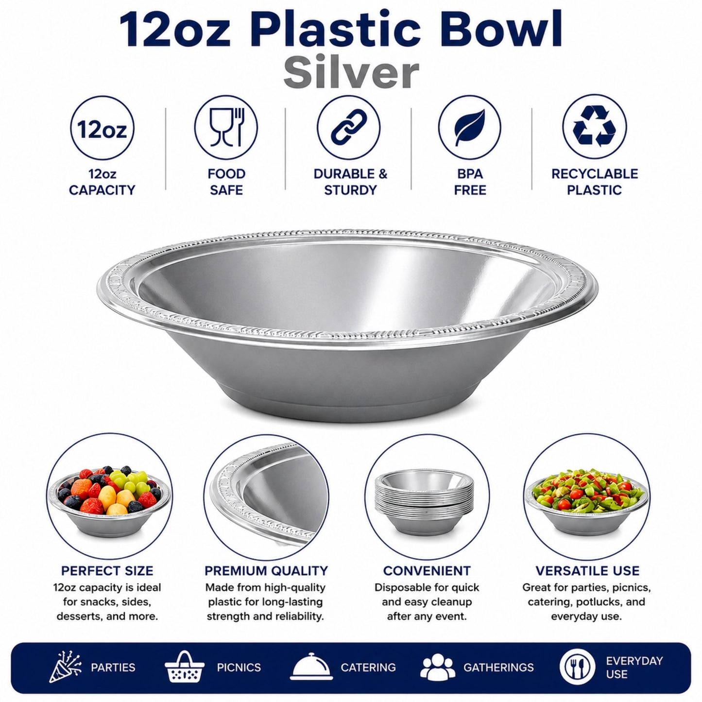 12oz Silver Plastic Bowl Disposable Party Serving Bowls Bowls Hanna K