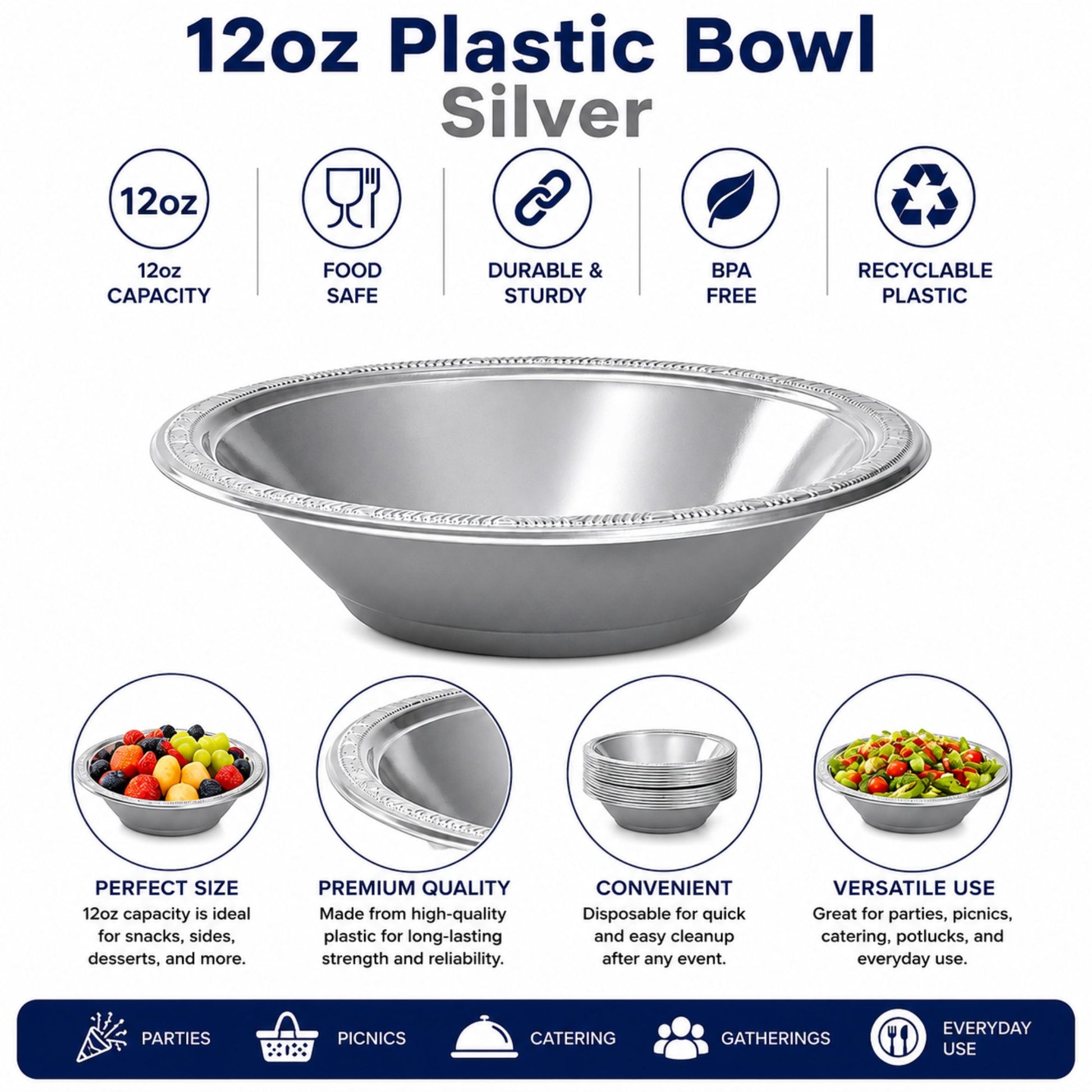 12oz Silver Plastic Bowl Disposable Party Serving Bowls Bowls Hanna K
