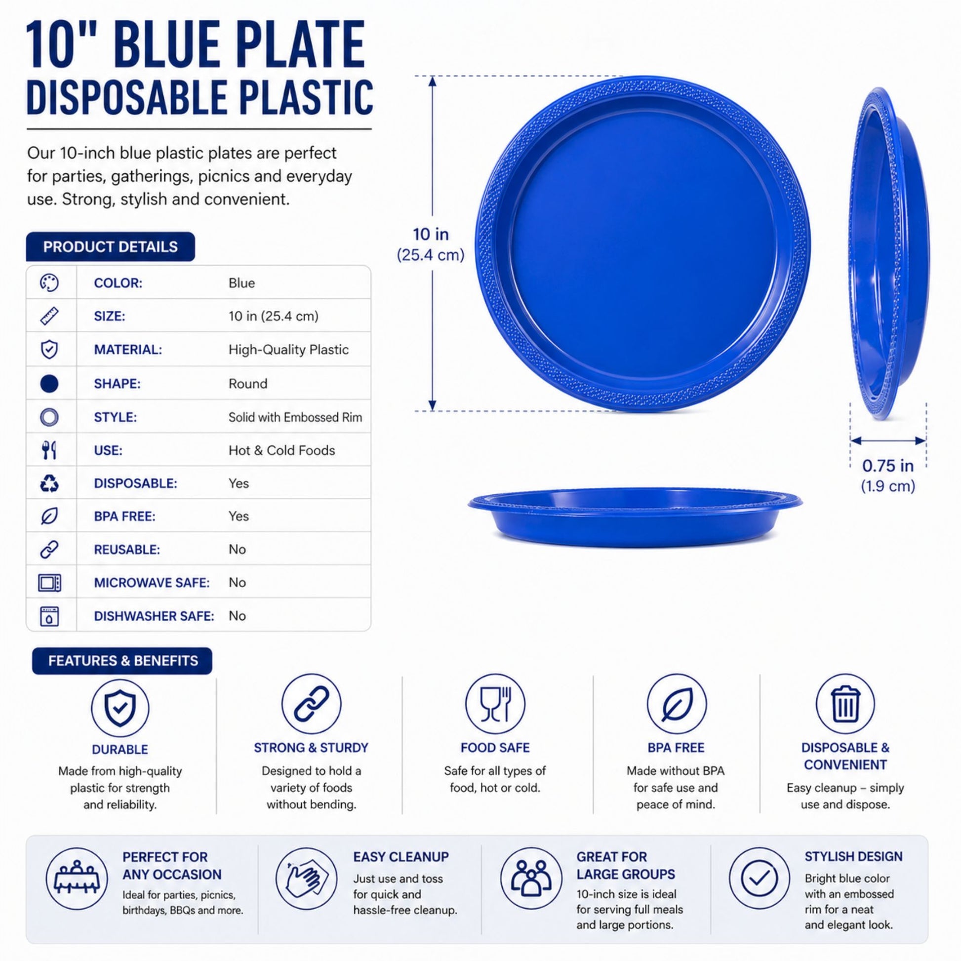 *BUY BULK* 10" Blue Plate Disposable Plastic Disposable Plates Hanna K Signature