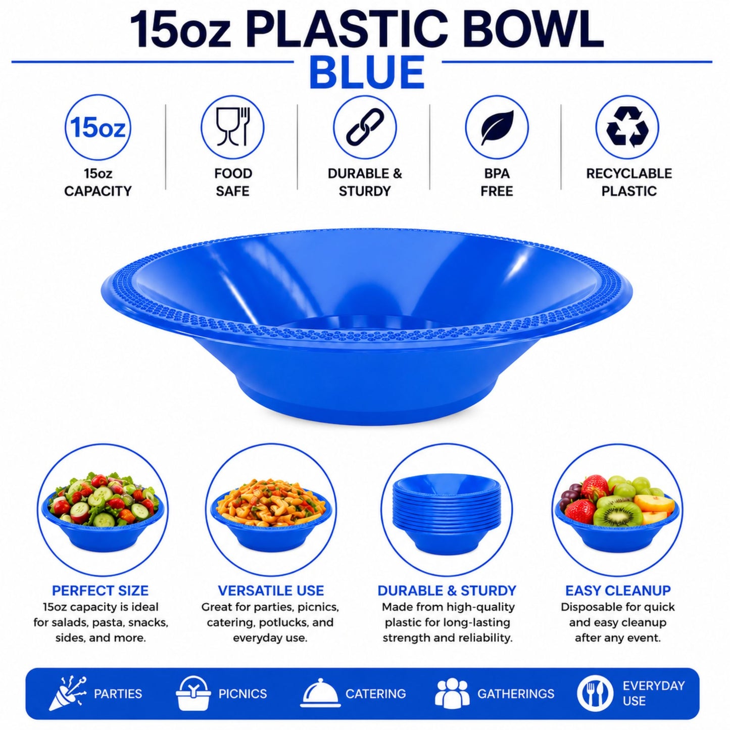 15 oz Plastic Bowl Blue Disposable Bowls Hanna K