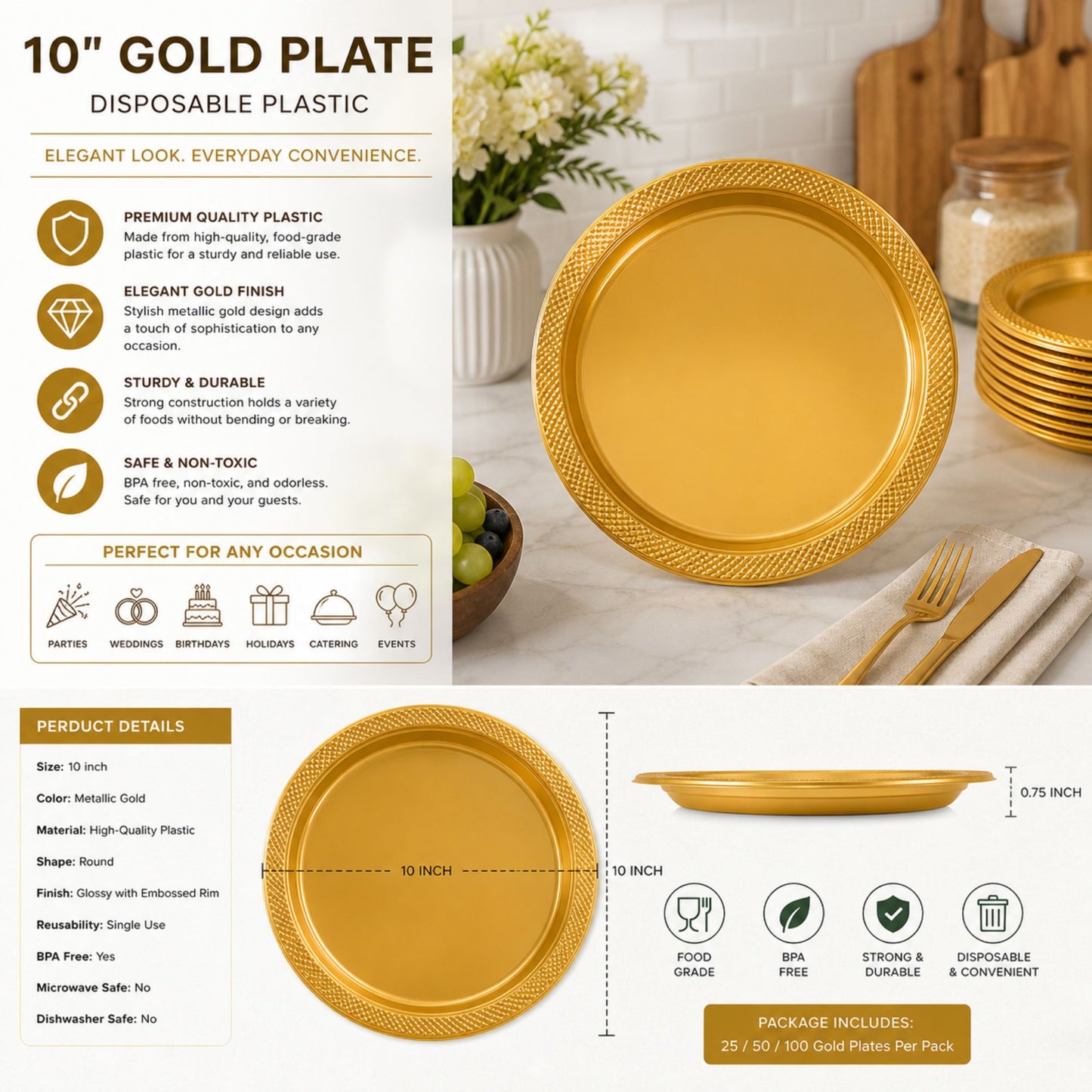 *BUY BULK* 10" Gold Plate Disposable Plastic Disposable Plates Hanna K Signature