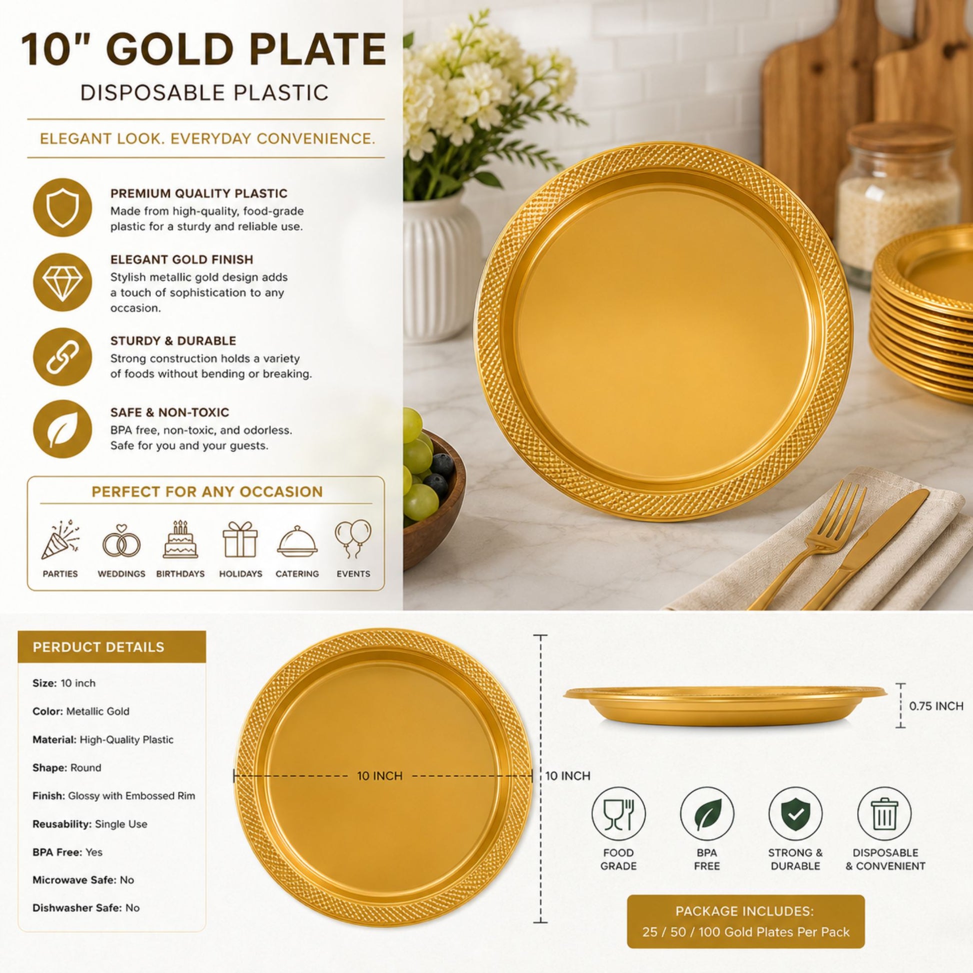 *BUY BULK* 10" Gold Plate Disposable Plastic Disposable Plates Hanna K Signature