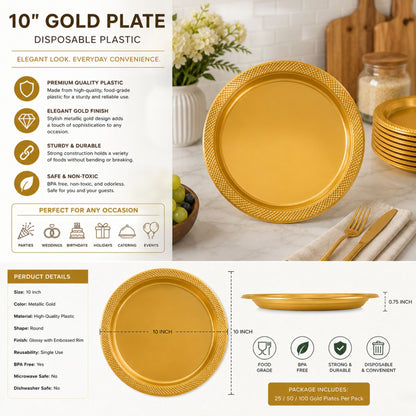 *BUY BULK* 10" Gold Plate Disposable Plastic Disposable Plates Hanna K Signature