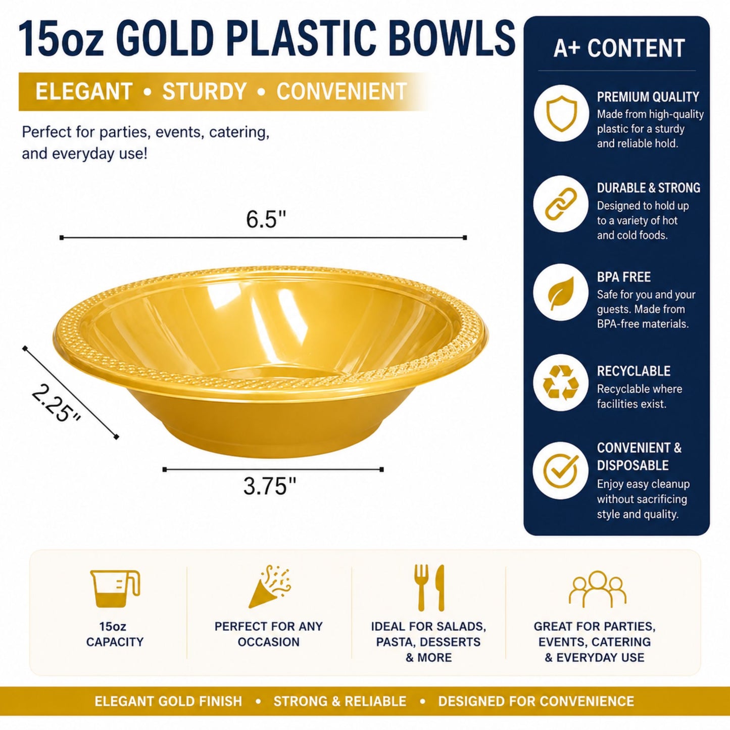 Disposable 15oz Gold Plastic Bowls | Durable & BPA-Free Plastic Bowls Hanna K Signature