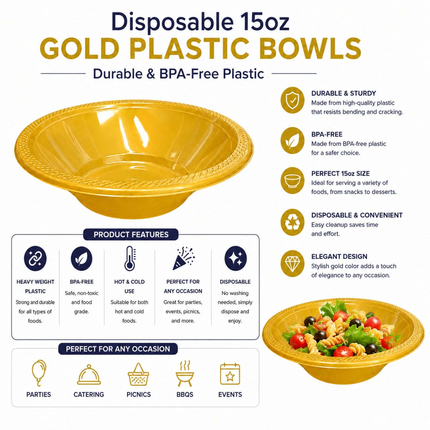 Disposable 15oz Gold Plastic Bowls | Durable & BPA-Free Plastic Bowls Hanna K Signature