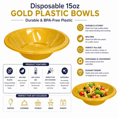 Disposable 15oz Gold Plastic Bowls | Durable & BPA-Free Plastic Bowls Hanna K Signature