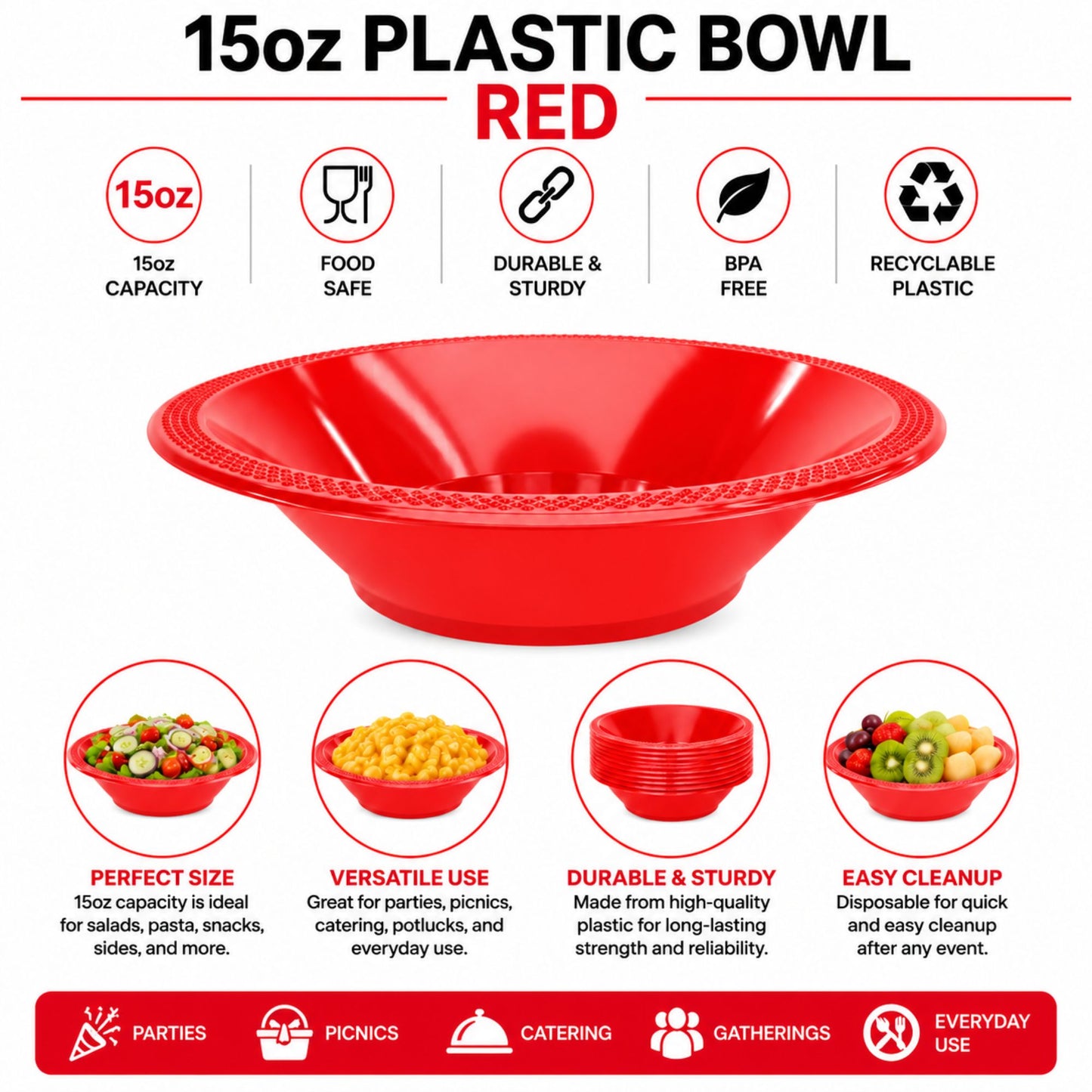 15oz Plastic Bowl Red - BPA-free plastic Bowls Hanna K