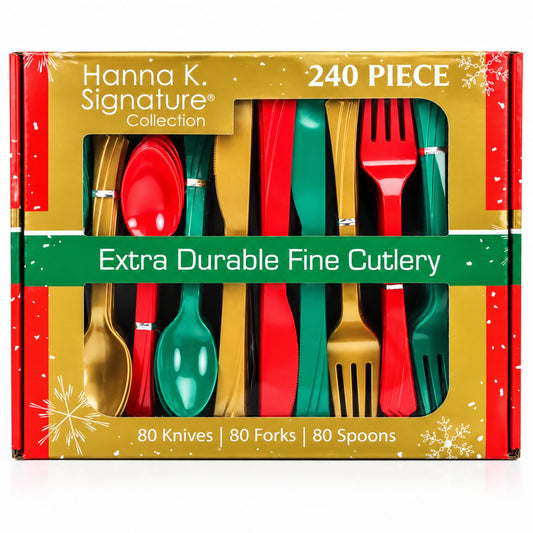 Hanna K. 240-Piece Plastic Cutlery Set, Red Green Gold Forks Spoons Knives Cutlery Set Hanna K