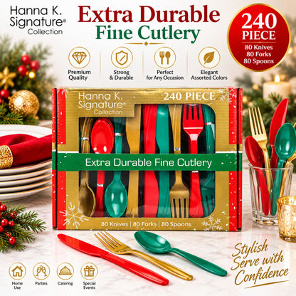 Hanna K. 240-Piece Plastic Cutlery Set, Red Green Gold Forks Spoons Knives Cutlery Set Hanna K