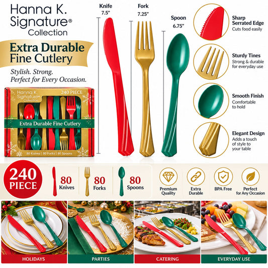 Hanna K. 240-Piece Plastic Cutlery Set, Red Green Gold Forks Spoons Knives Cutlery Set Hanna K