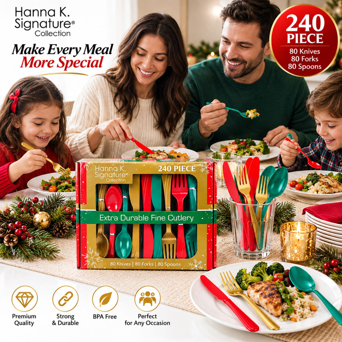 Hanna K. 240-Piece Plastic Cutlery Set, Red Green Gold Forks Spoons Knives Cutlery Set Hanna K