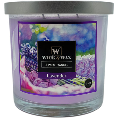 Lavender Scented Jar Candle (3-wick) - 14oz.  WICK & WAX   