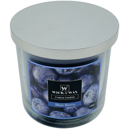 Blueberry Scented Jar Candle (3-wick) - 14oz.  WICK & WAX   