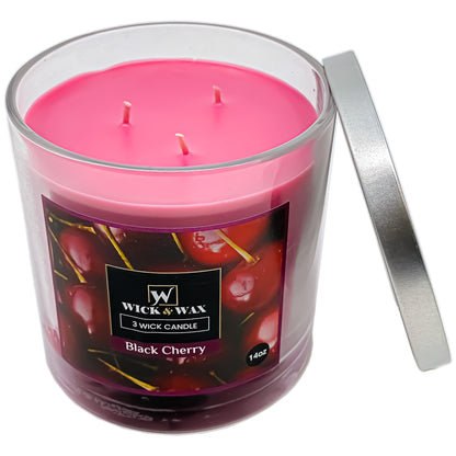 Black Cherry Scented Jar Candle (3-wick) - 14oz.  WICK & WAX   
