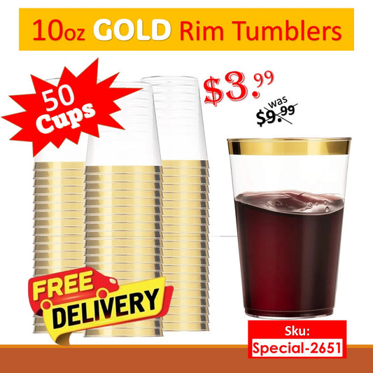 50 Pcs of 10oz Plastic Disposable Cups Gold Rim Tumblers Cups BlueSky   