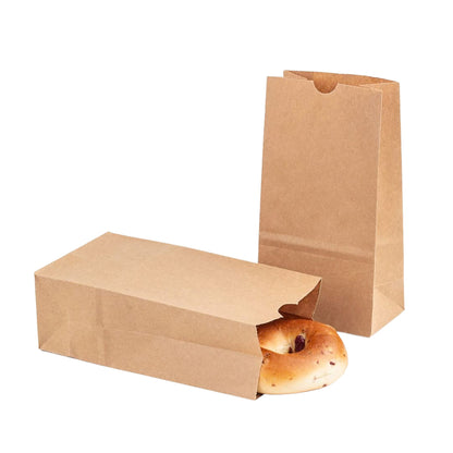 Brown paper bag with a single bagel on a white background