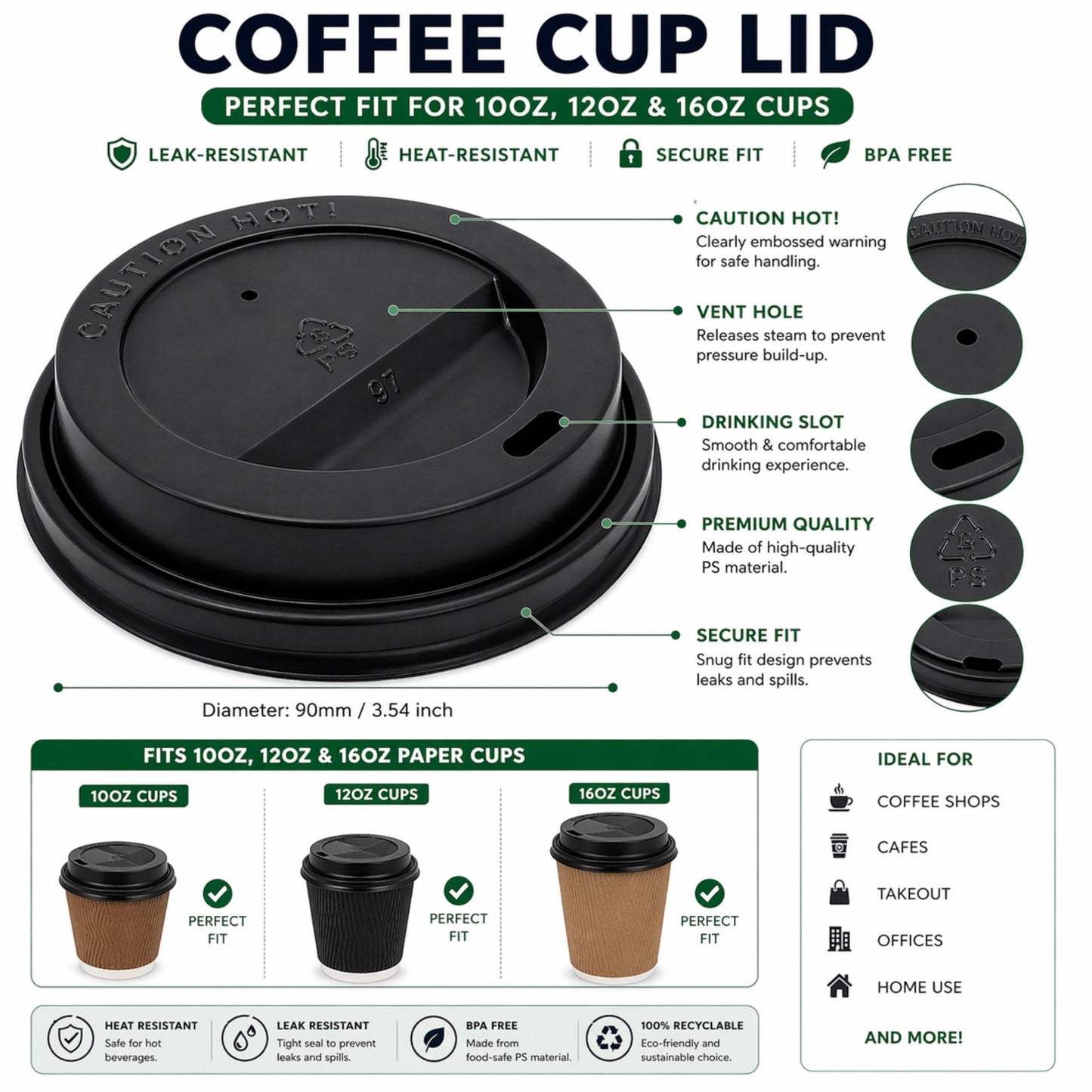 *WHOLESALE* Dome Lids for 10, 12, 16 oz Poly Paper Cups Hot and Cold 1000/ Case Paper Cups VeZee