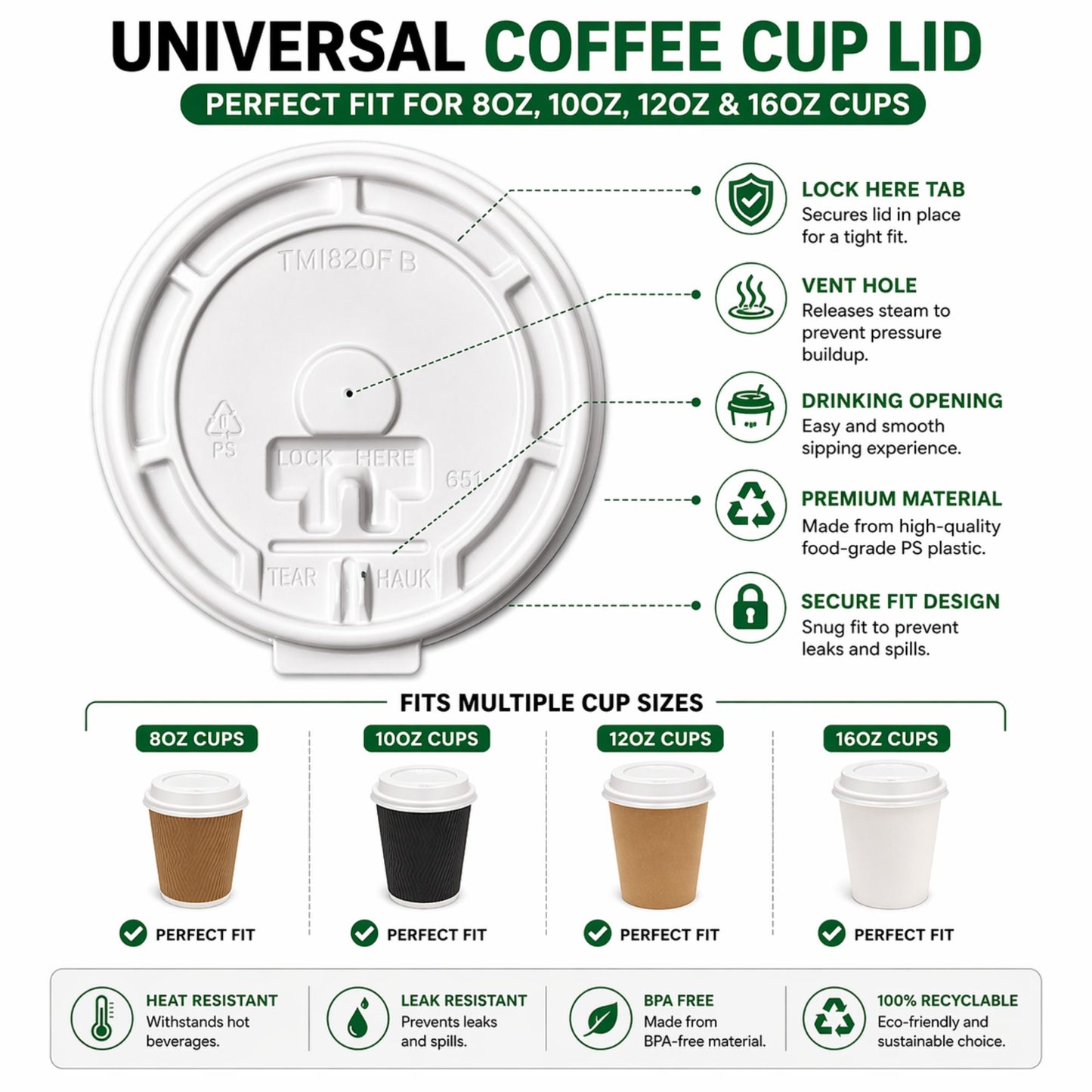 *WHOLESALE* White Plastic Lids for 8 oz Poly Paper Cups Hot and Cold 1000/Case Paper Cups VeZee
