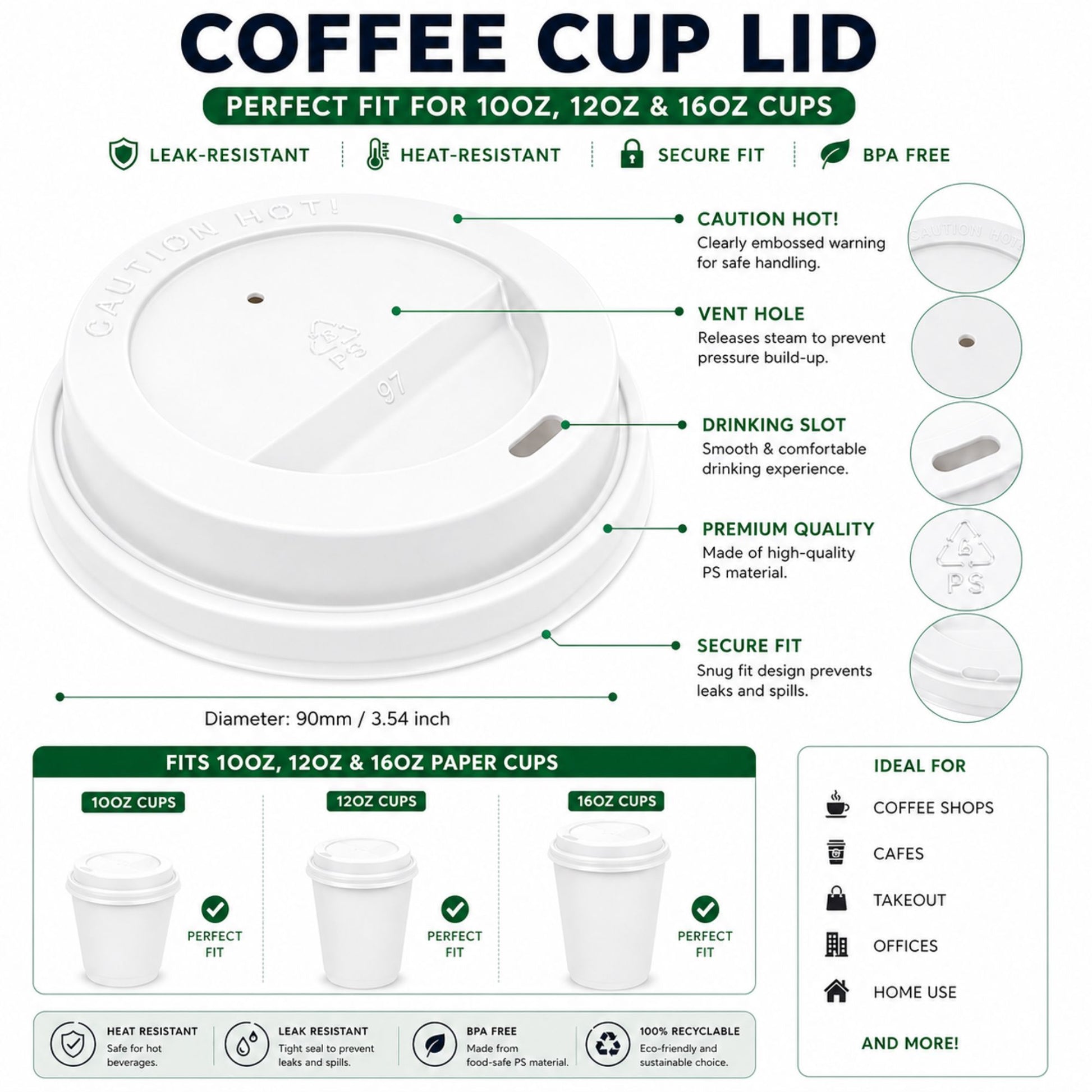 *WHOLESALE* White Dome Lids for 10, 12, 16 oz Disposable Poly Paper Cups 1000/ Case White Dome Lids VeZee