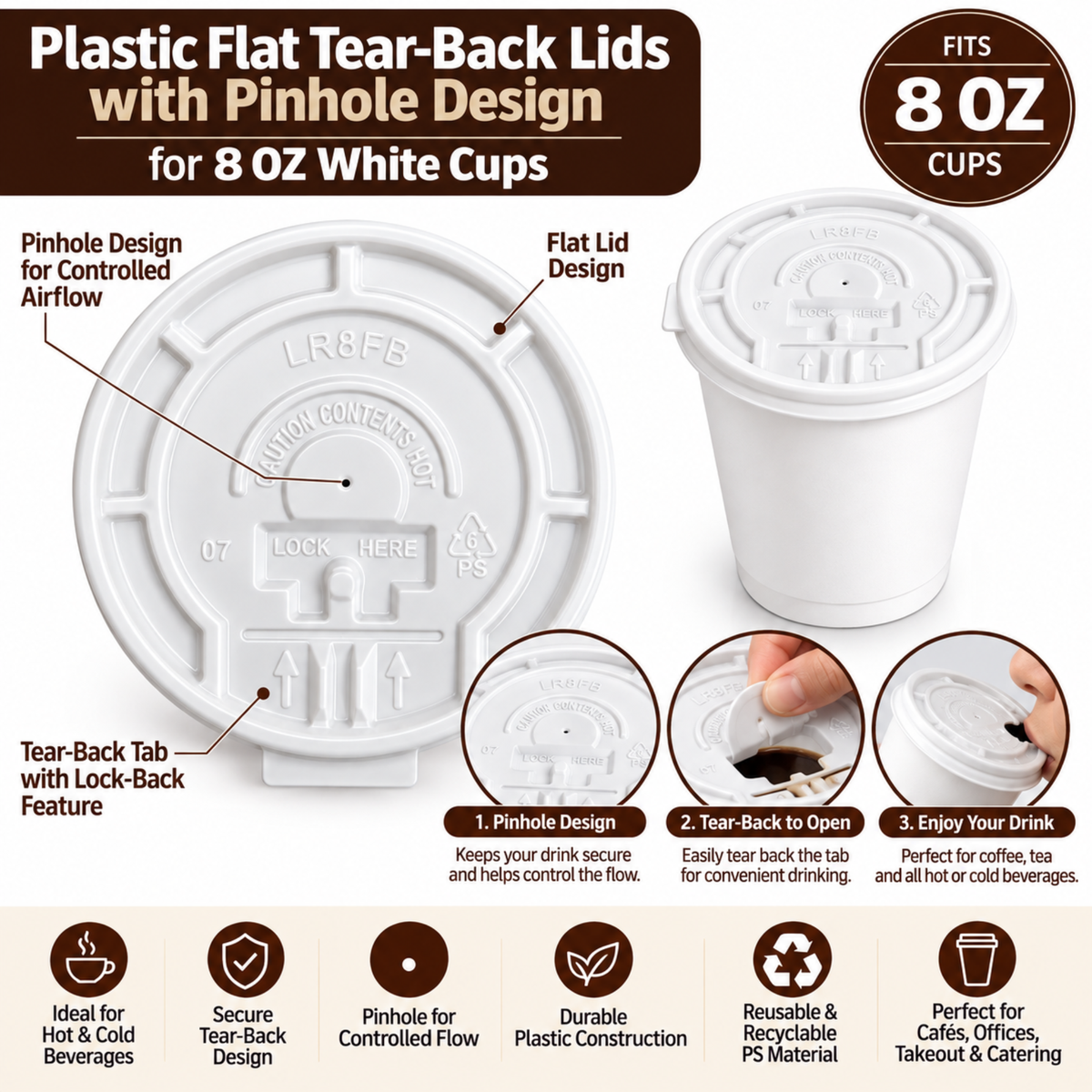 *WHOLESALE* White Plastic Lids for 8 oz Poly Paper Cups Hot and Cold 1000/Case Paper Cups VeZee