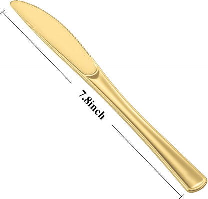 Cutlery Silverware Extra Heavyweight Disposable Flatware Knives Gold Tablesettings Lillian   