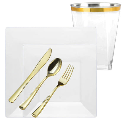 Clear plastic cutlery set with gold accents on a white background
