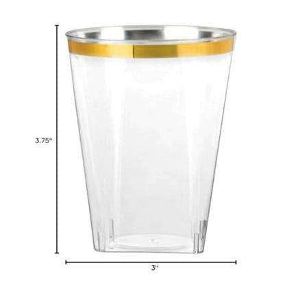 Clear plastic cup with gold rim and measurements on a white background