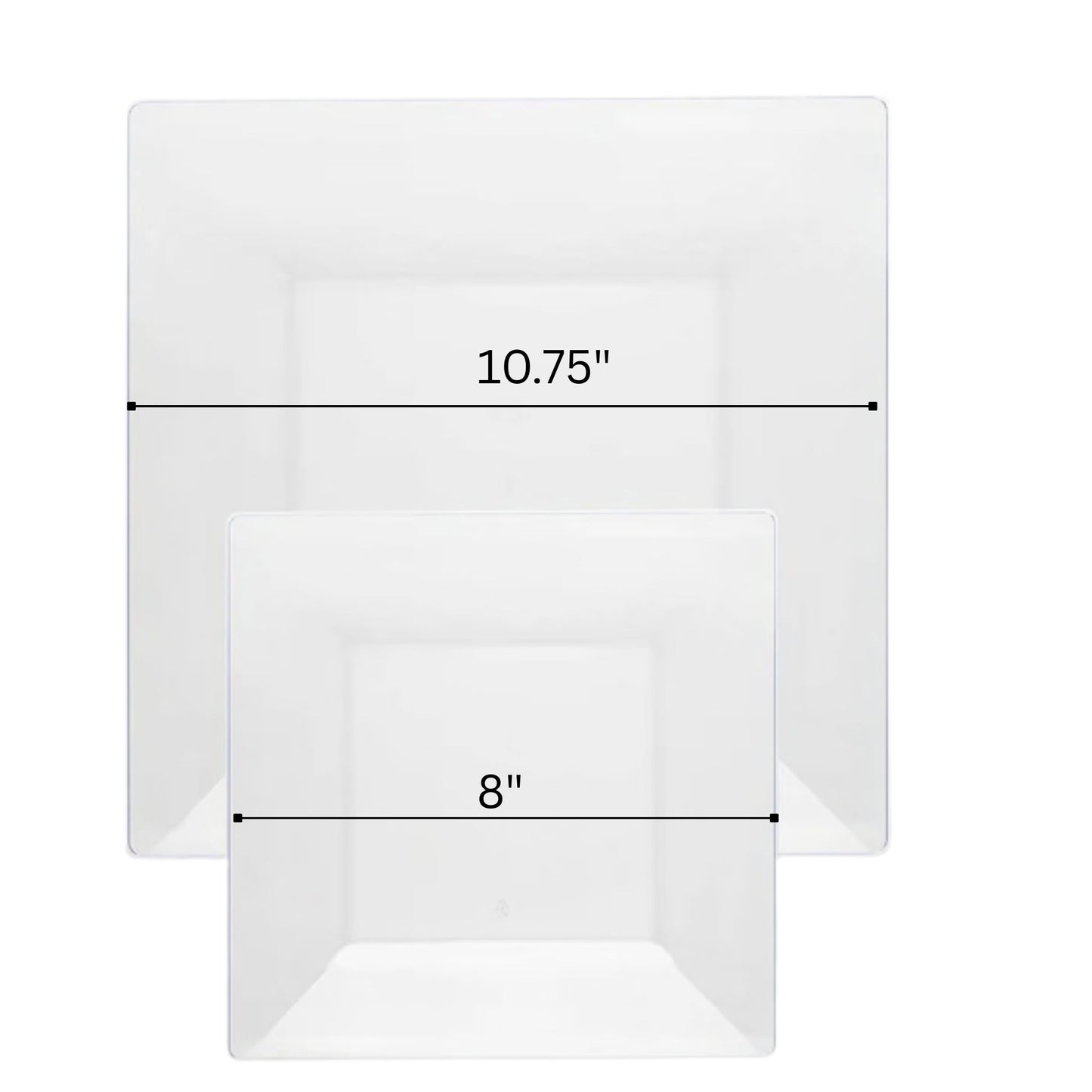 White square plate with dimensions 10.75 inches by 8 inches on a white background