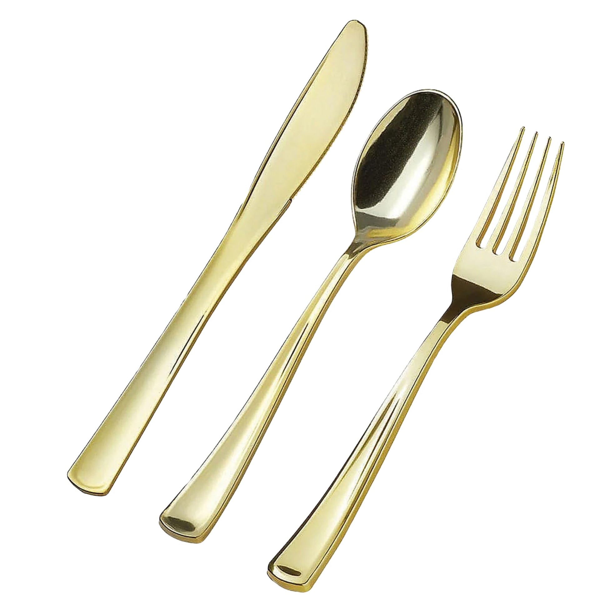 Set of gold-plated cutlery including a knife, spoon, and fork on a white background