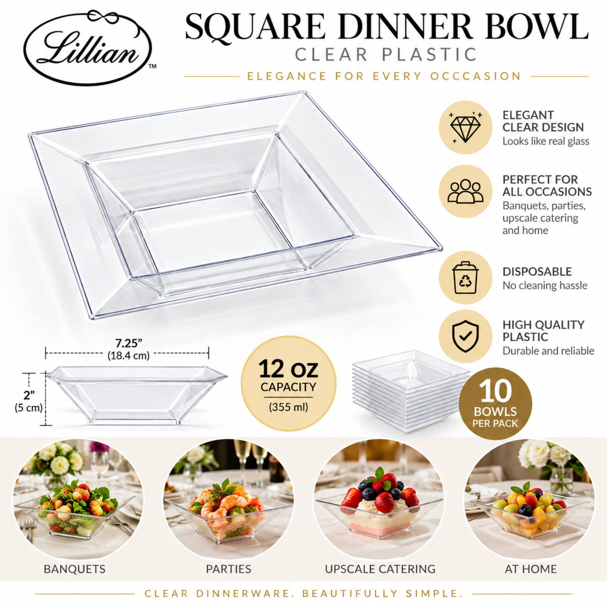 Lillian 12 oz Clear Square Plastic Dinner Bowls, Disposable Party & Catering Bowls, 10 Count Bowls Lillian