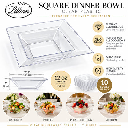 Lillian 12 oz Clear Square Plastic Dinner Bowls, Disposable Party & Catering Bowls, 10 Count Bowls Lillian