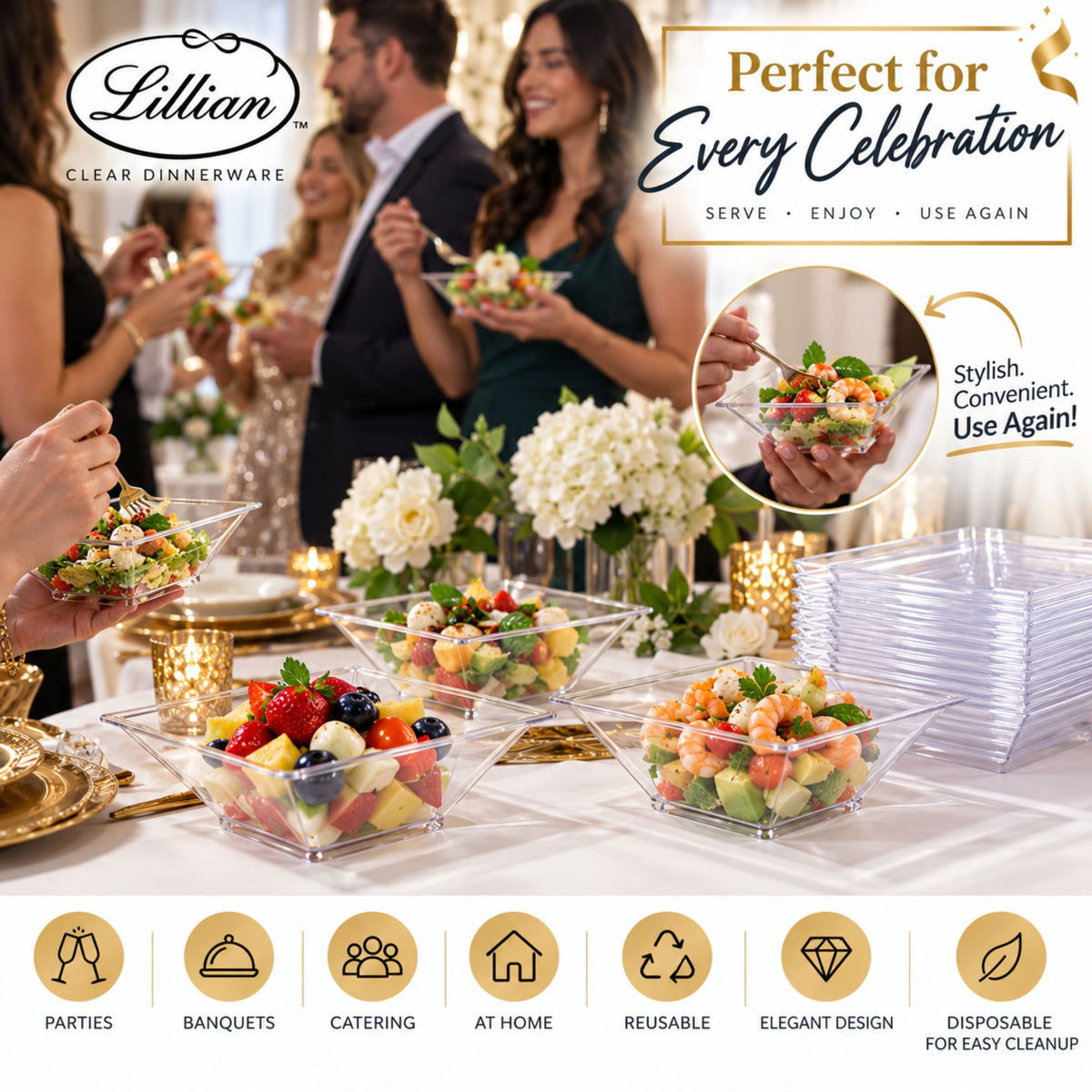 Lillian 12 oz Clear Square Plastic Dinner Bowls, Disposable Party & Catering Bowls, 10 Count Bowls Lillian