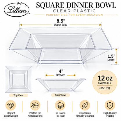 Lillian 12 oz Clear Square Plastic Dinner Bowls, Disposable Party & Catering Bowls, 10 Count Bowls Lillian