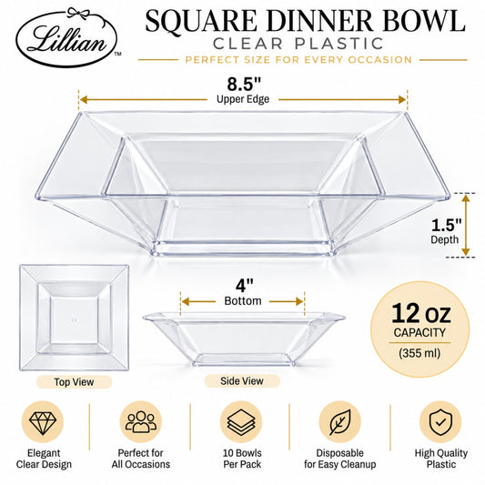 Lillian 12 oz Clear Square Plastic Dinner Bowls, Disposable Party & Catering Bowls, 10 Count Bowls Lillian