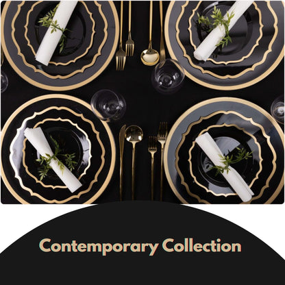10"&7" Black & Gold Plastic Plates Combo Set: Contemporary Combo Disposable Plates SIMCA Collection