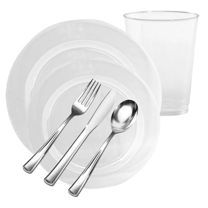 Clear plastic plates, cups, and silverware on a white background