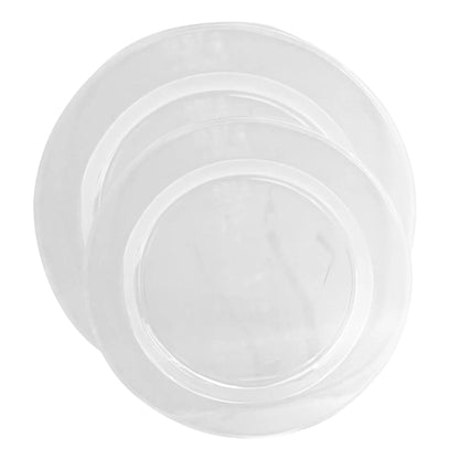 Set of three clear plastic bowls on a white background