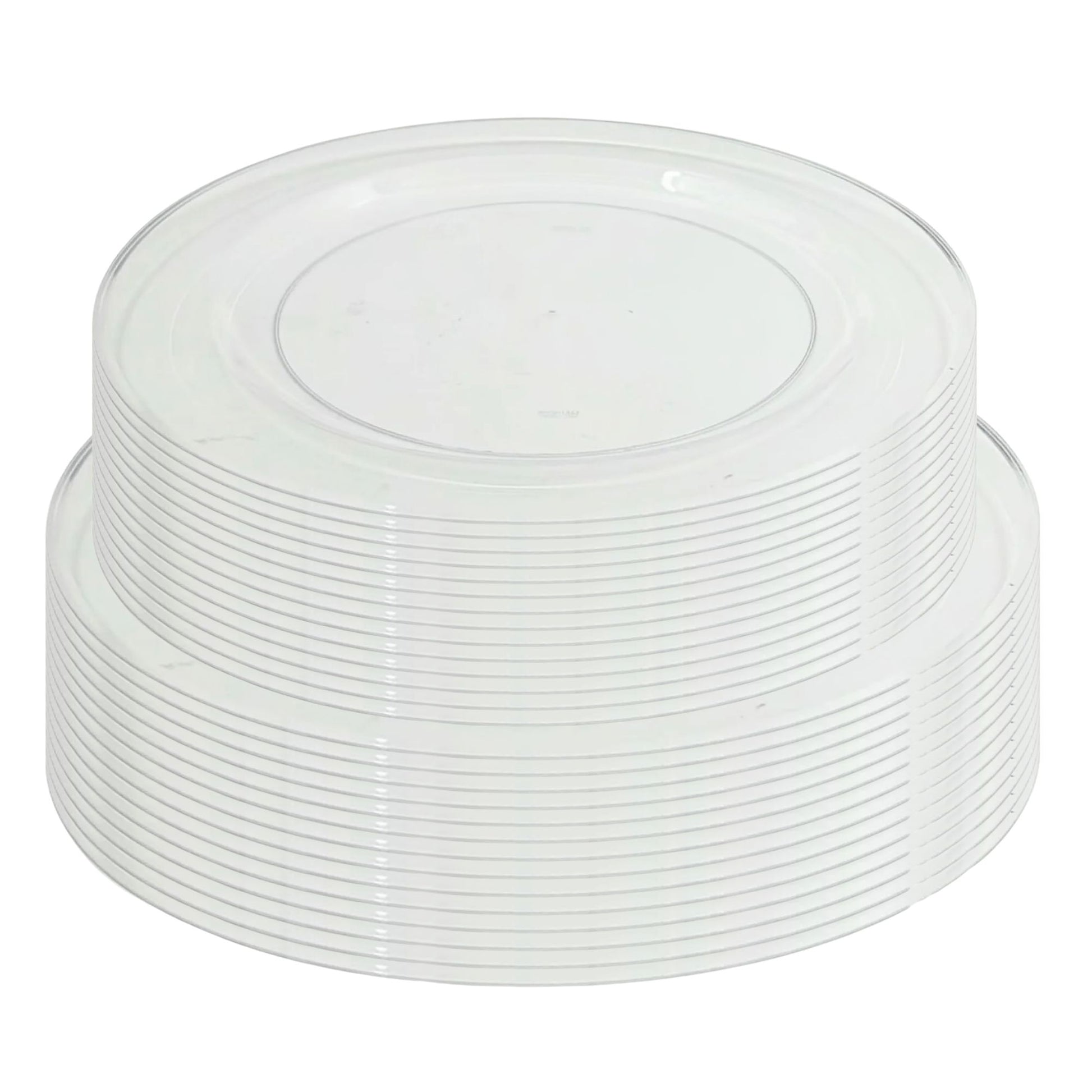 Stack of clear plastic lids on a white background