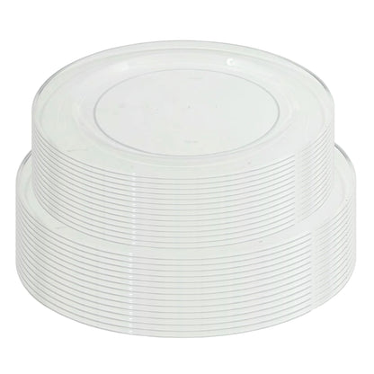 Stack of clear plastic lids on a white background