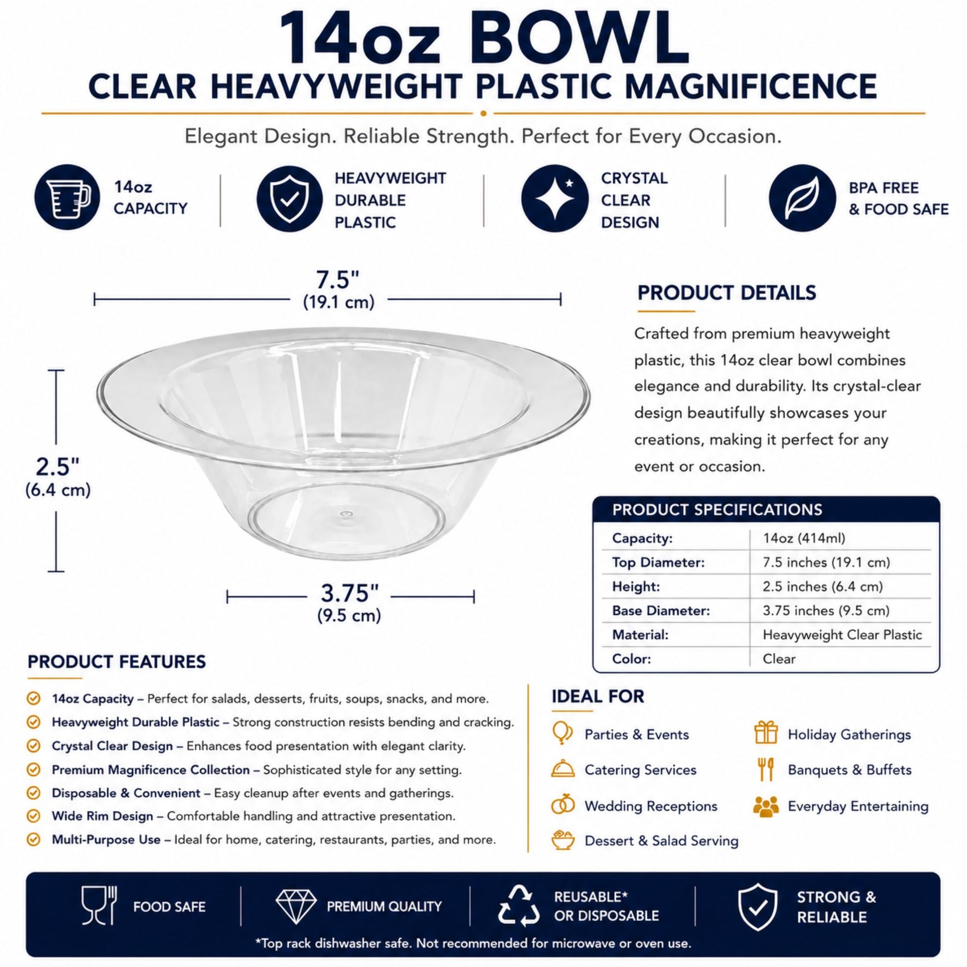 *WHOLESALE*14oz Clear Bowls Heavy weight Plastic Magnificence 240/Case Bowls Lillian