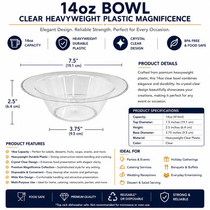 *WHOLESALE*14oz Clear Bowls Heavy weight Plastic Magnificence 240/Case Bowls Lillian