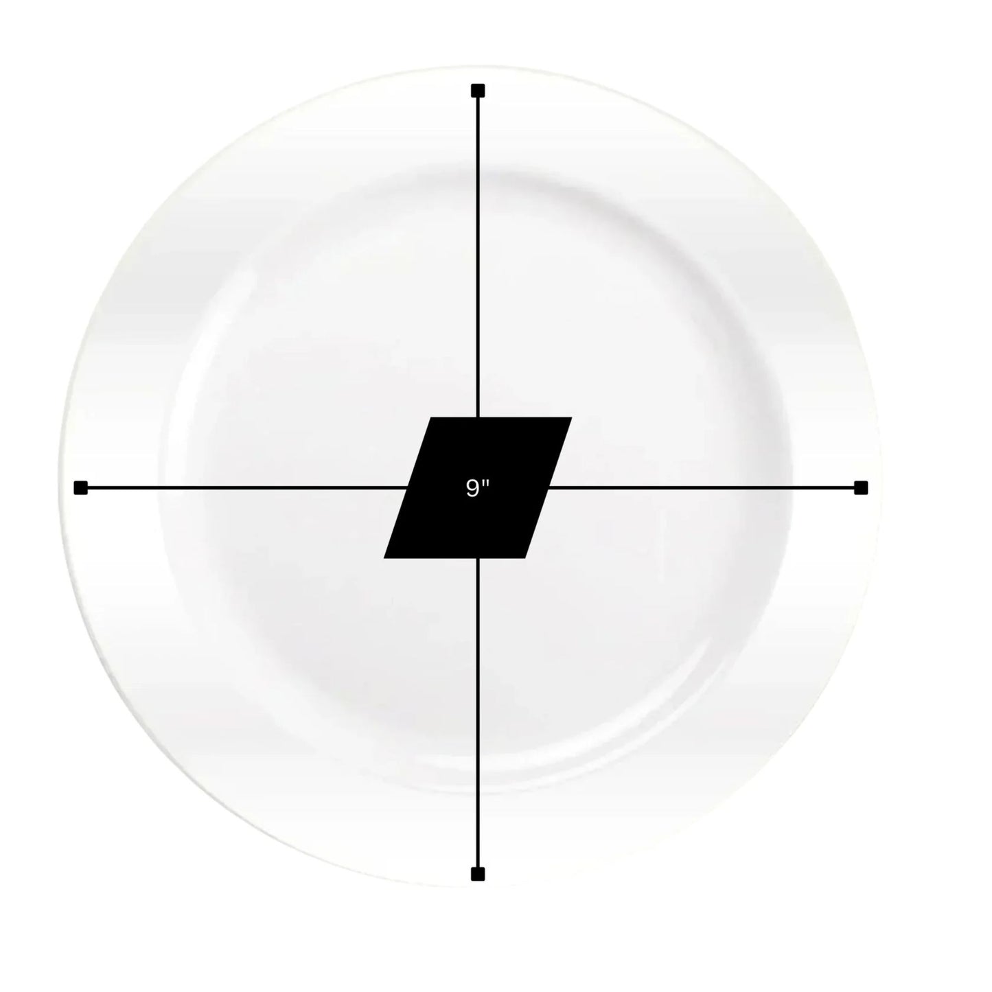 White plate with measurement label indicating 9-inch diameter on a white background