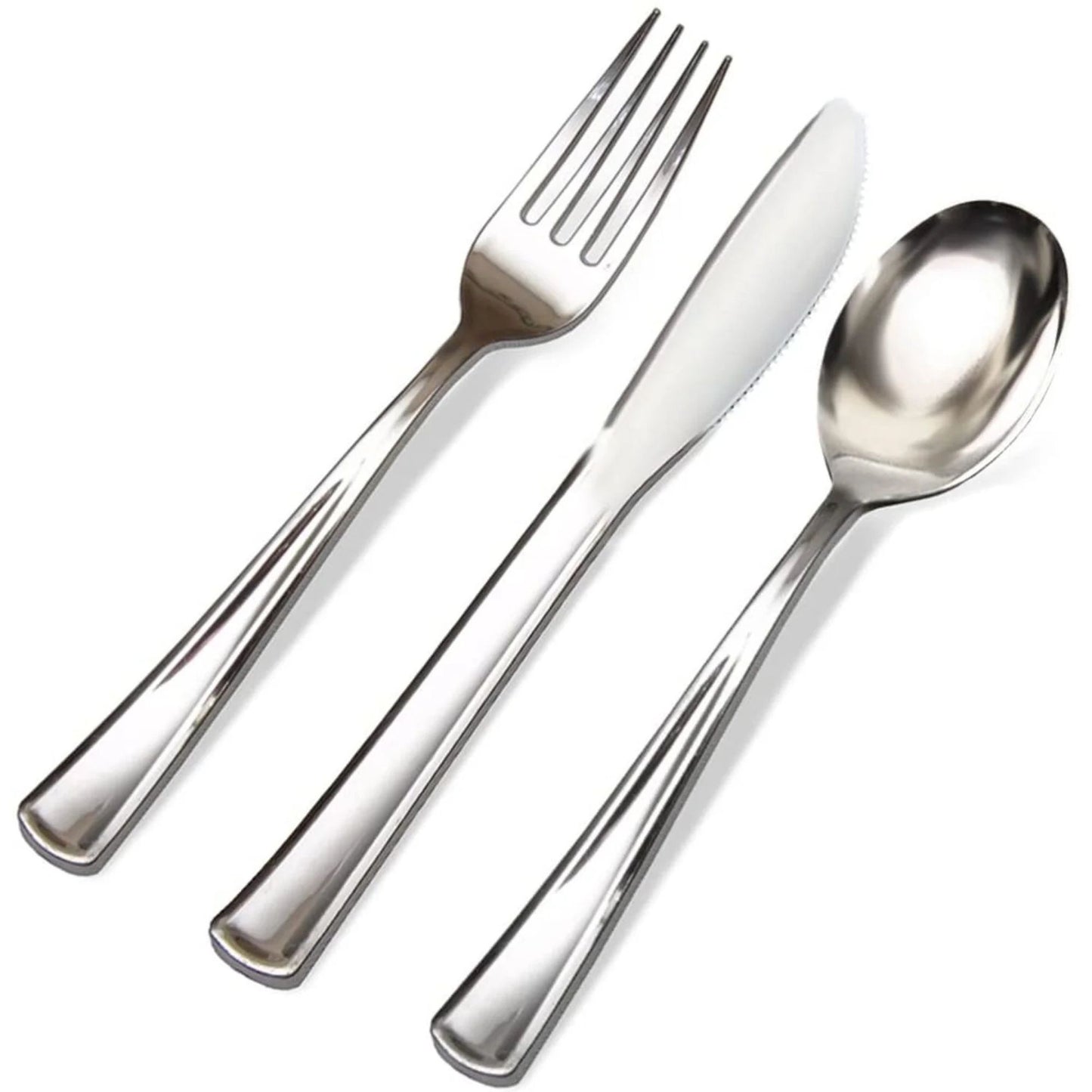 Set of silver cutlery including a fork, knife, and spoon on a white background
